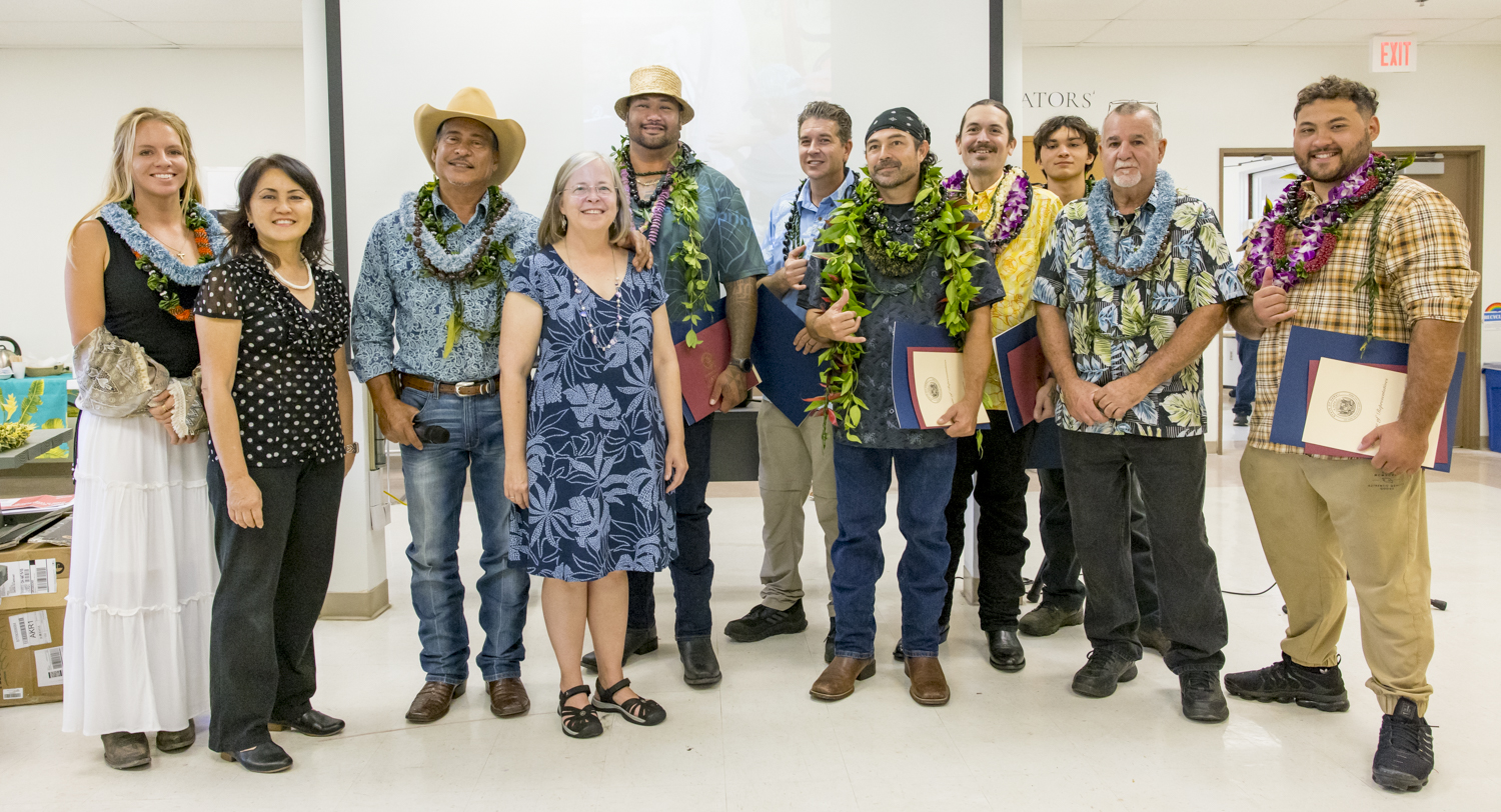 The inaugural class of Hawai‘i Community College’s new butchery course with instructors Bill Wong and Wade Cypriano , and Hawai‘i Community College Chancellor Susan Kazama and VCAA Kimberley Collins. (Photo Credit: Sarah Anderson)