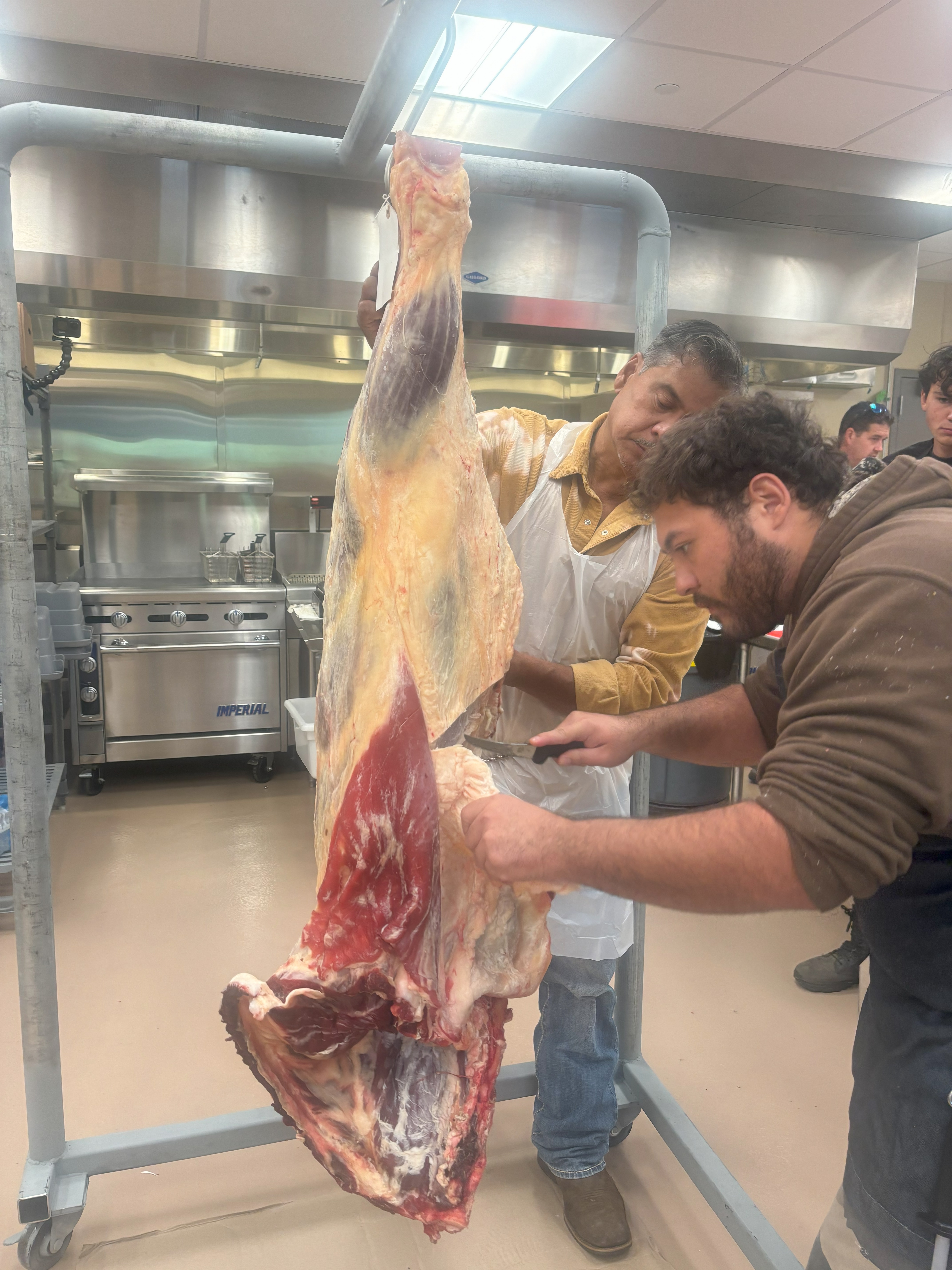 Instructor Bill Wong teaches Hawai‘i Community College butchery students proper beef cutting techniques. (Photo Credit: Hawai‘i CC)