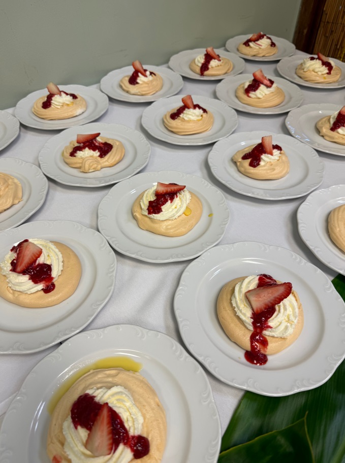 Strawberry and custard pavlova.