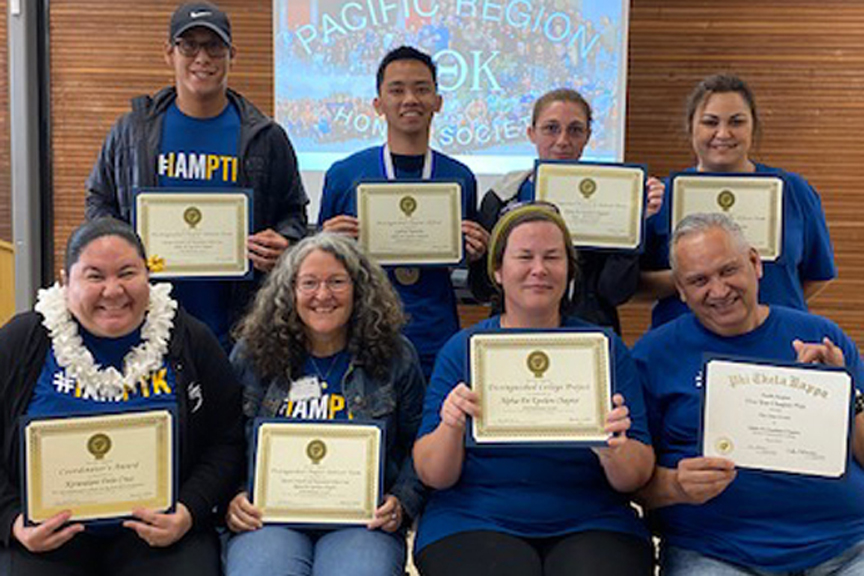 Phi Theta Kappa Alpha Psi Epsilon Chapter members are pictured above, Top row, L-R: Kaloli‘i Glory, Gabriel Navalta, Jae Dreams, Kainoa Schubert. Front row, L-R: Lead Advisor, Kenoa Dela Cruz, Co-Advisor Karen Crowell, Nowel Lucas, and Craig Kekahuna.