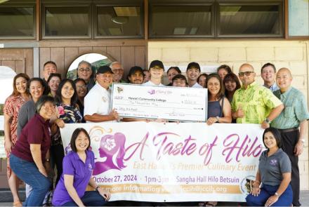 JCCIH president Ka‘iu Kimua (second from right) presented a check for $,10,000 to Hawaii Community College, made possible through the organization’s annual fundraising event, “A Taste of Hilo.” Also pictured are event co-charis Jan Abundo and Leelan Park (far left) Hawaii CC culinary students, Chef Philton Velasco and Chancellor Susan Kazama.